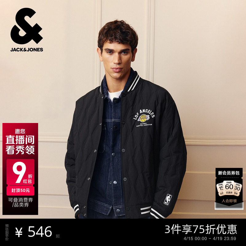 杰克琼斯NBA联名洛杉矶湖人队男装羽绒服秋冬新款贴布棒球领上衣