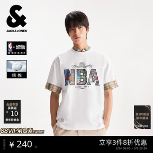 【NBA联名款】杰克琼斯男装春夏立体印花短袖T恤刺绣宽松打底衫