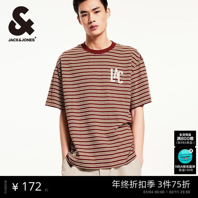 【NBA联名】杰克琼斯男装2025年秋快船队篮球条纹撞色短袖男款T恤