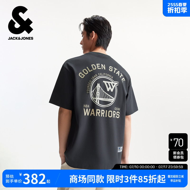 杰克琼斯男装夏季新款T恤NBA联名金州勇士队运动风百搭圆领短袖