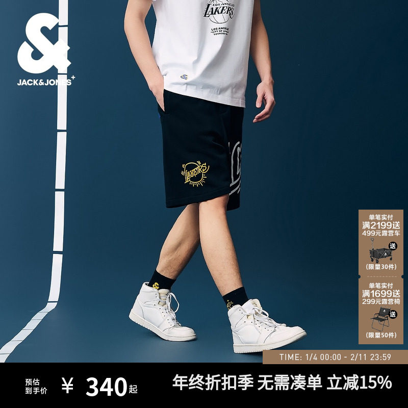 杰克琼斯男装士生冬季NBA联名湖人队篮球休闲运动印花短裤五分裤