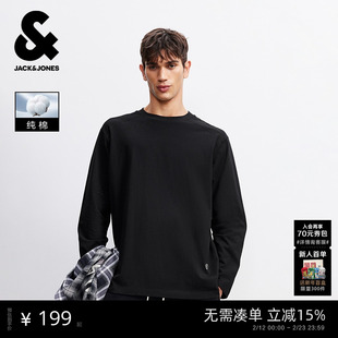 【纯棉打底T恤衫】杰克琼斯男装春新款纯色圆领宽松长袖刺绣上衣