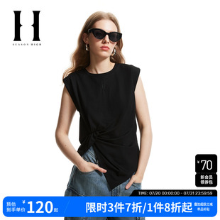 SEASONHIGH女士夏季 无袖 T恤圆领不对称扭结设计百搭基础上衣女装