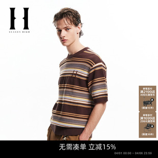 潮衣身撞色条纹春季 SEASON 男装 半袖 HIGH落肩袖 舒适纯棉针织短袖
