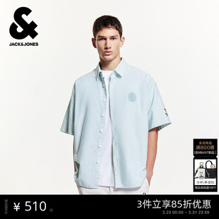 衬衫 杰克琼斯男装 NBA联名勇士队篮球刺绣条纹潮休闲短袖 新款 春季