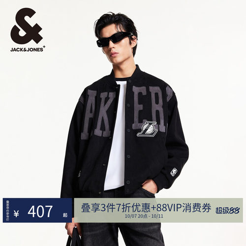 宽松版型，棒球领，按扣门襟，湖人队贴布