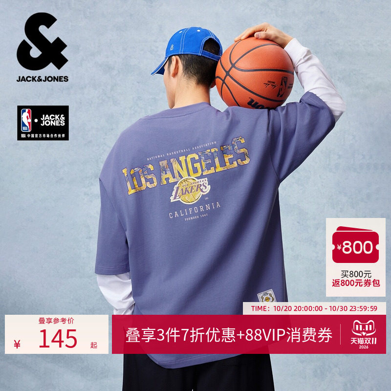 【NBA联名】杰克琼斯男装夏新款湖人队重磅纯棉短袖T恤宽松打底潮
