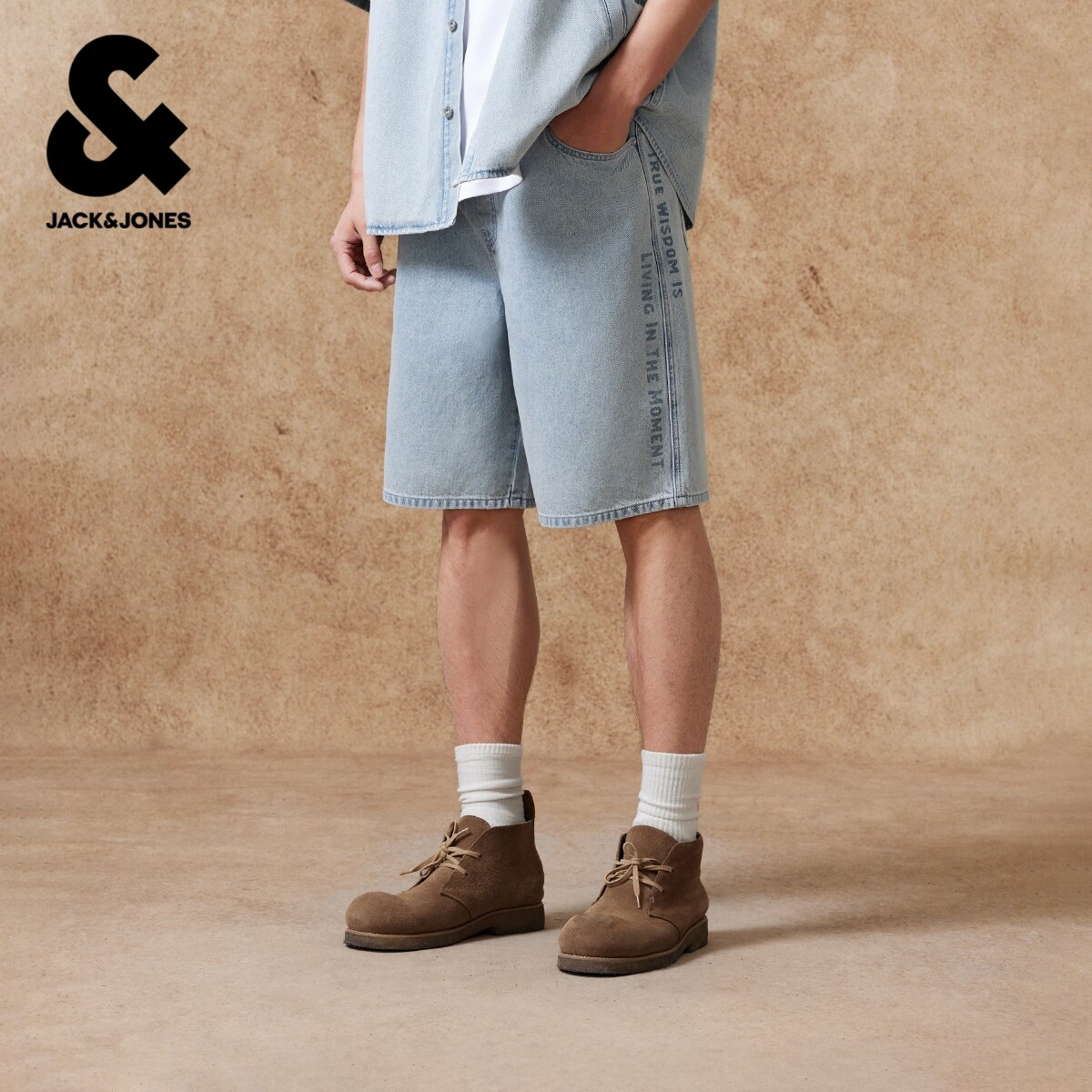 杰克琼斯夏季男装牛仔短裤廓形精致字母简约裤子纯色舒适经典潮流