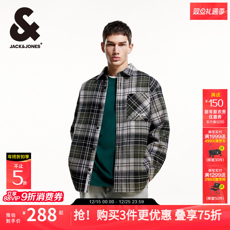 杰克琼斯男装秋季新款休闲复古纯棉字母刺绣格纹宽松工装长袖衬衫