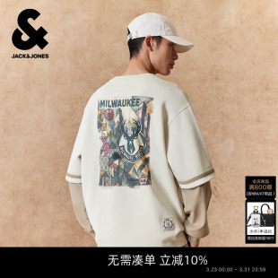 春季 杰克琼斯男装 雄鹿队 T恤假两件刺绣圆领宽松 NBA联名款