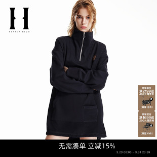 SEASONHIGH女士春夏针织裙立领拉链领口拼接刺绣贴布袋鼠兜女装