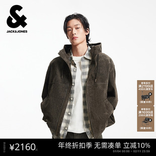 杰克琼斯男装男生夹克秋冬简约纯色经典连帽皮衣宽松休闲外套上衣