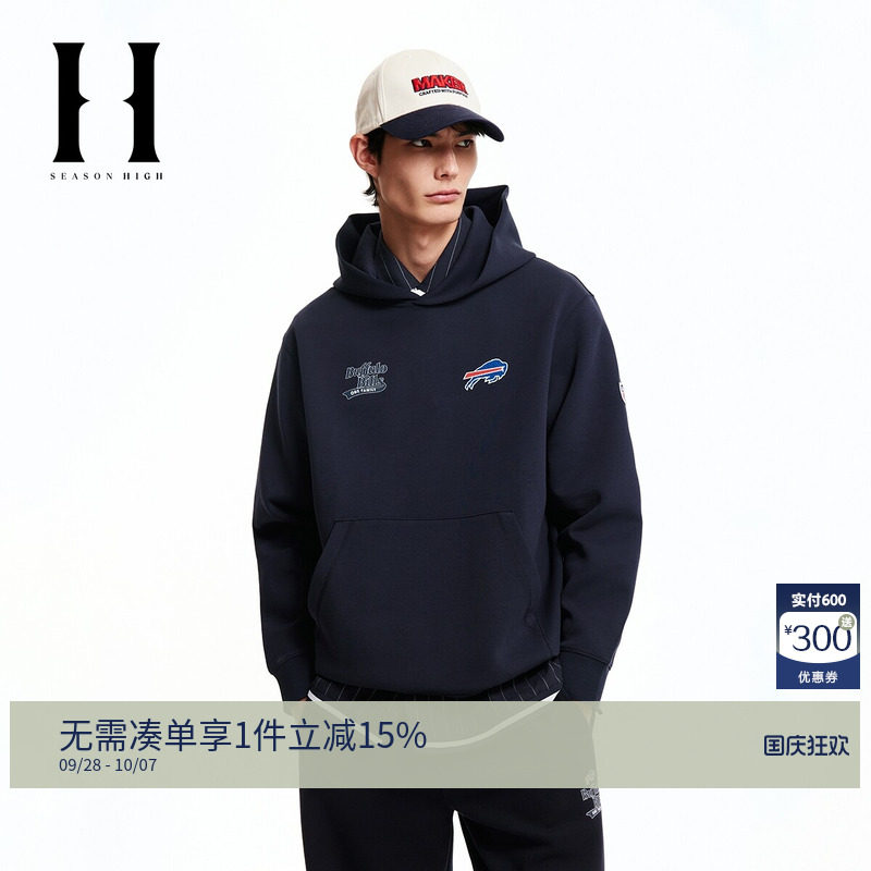 SEASONHIGH男装NEL联名款比尔队秋季新款休闲宽松连帽套头卫衣潮图片