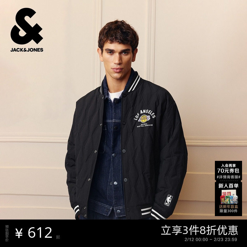 杰克琼斯NBA联名洛杉矶湖人队男装羽绒服秋冬新款贴布棒球领上衣