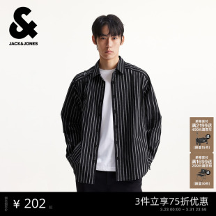 长袖 杰克琼斯男装 2026年潮流日常百搭黑白条纹款 衬衫 上衣 春季