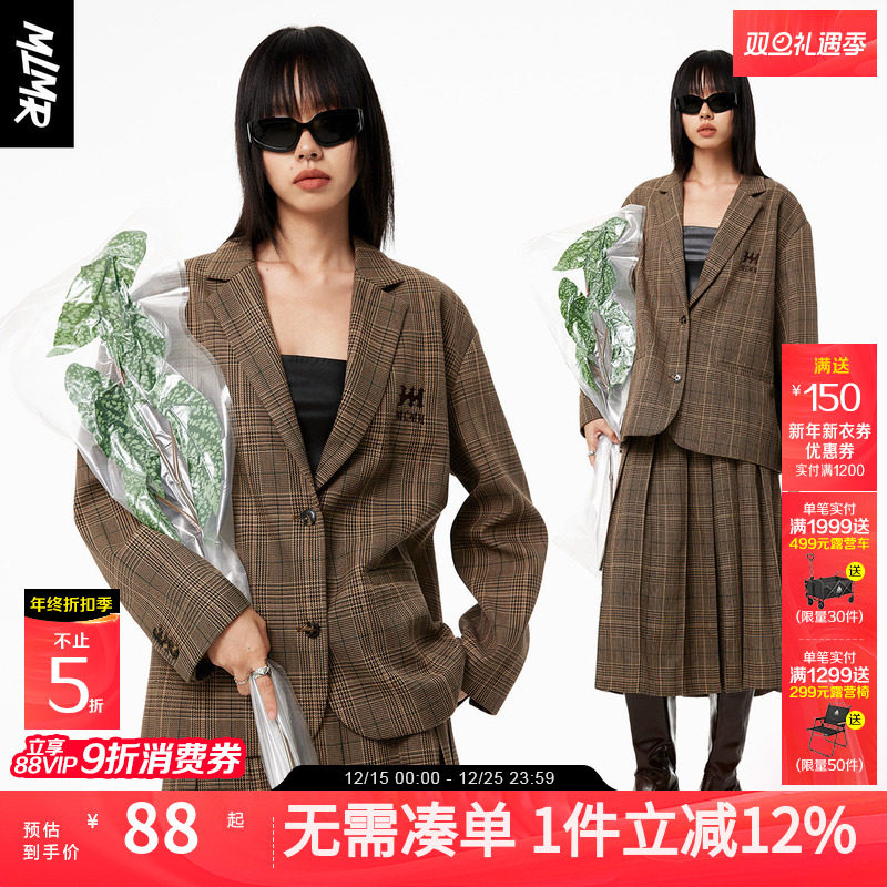 MLMR秋季新款女士双腰头复古学院千鸟格百褶半身裙+西服外套女