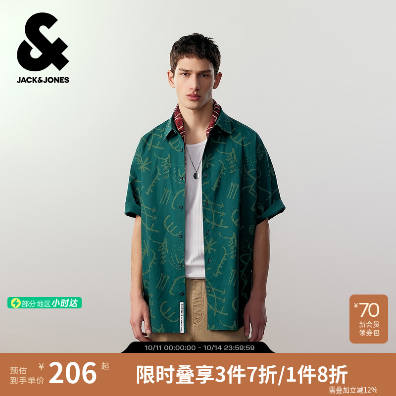 宽松版型；衬衫领型；纽扣门襟；满印图案