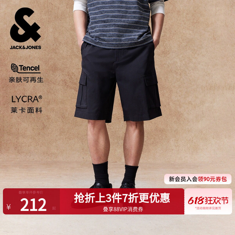 [天丝]杰克琼斯男装五分工装短裤夏季黑色宽松透气亲肤休闲潮流