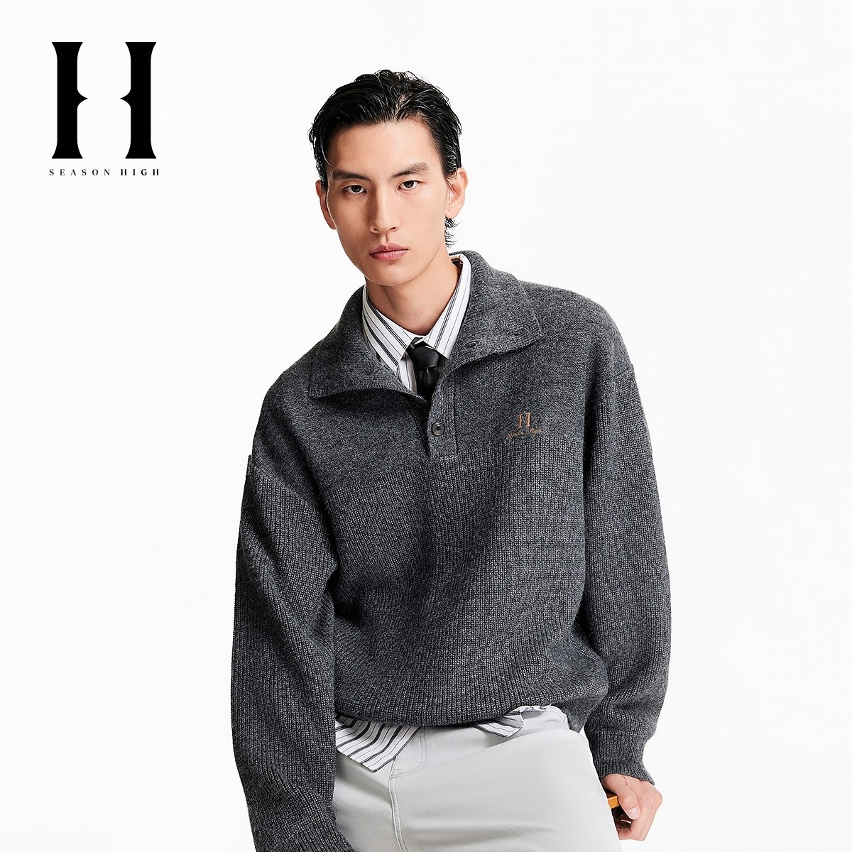 SEASON HIGH男装春季毛衣针织衫纯色简约廓形立领纽扣刺绣