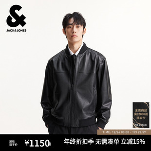 长袖 夹克罗纹领口略宽松皮衣口袋立领纯色款 外套 秋季 杰克琼斯男装