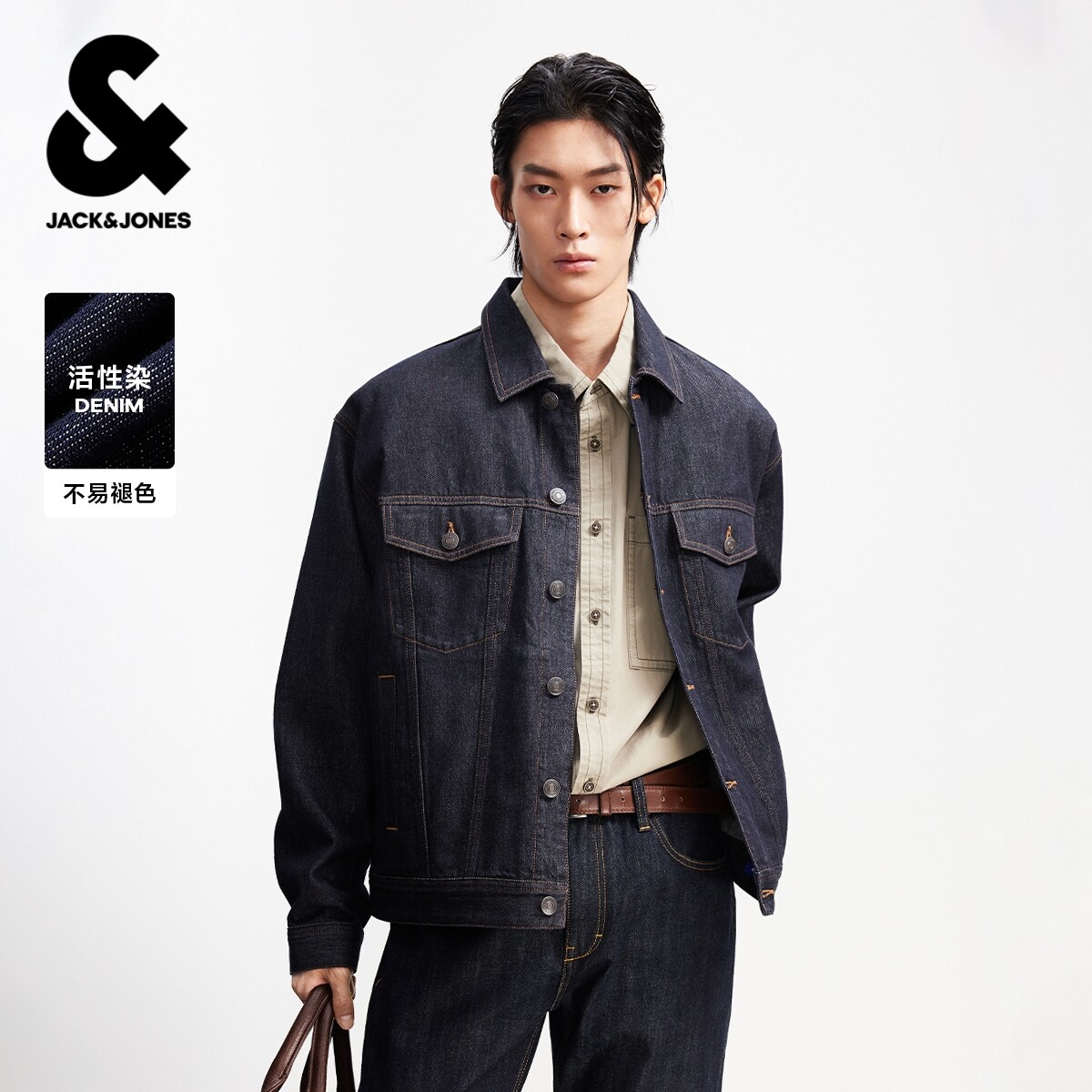 杰克琼斯原色牛仔外套男款春季新款复古潮流翻领休闲夹克上衣男装