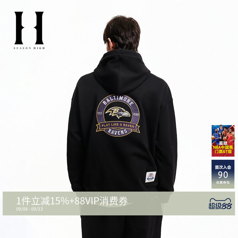 SEASONHIGH男装NFL联名款乌鸦队冬季新款抽绳连帽休闲廓形卫衣潮图片