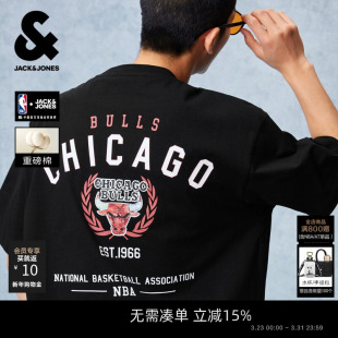 重磅纯棉公牛队短袖 新款 杰克琼斯男装 T恤宽松刺绣贴布 NBA联名