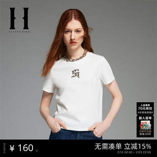 SEASON HIGH秋季新款圆领T恤女装合体含棉短袖字母休闲百搭短款女