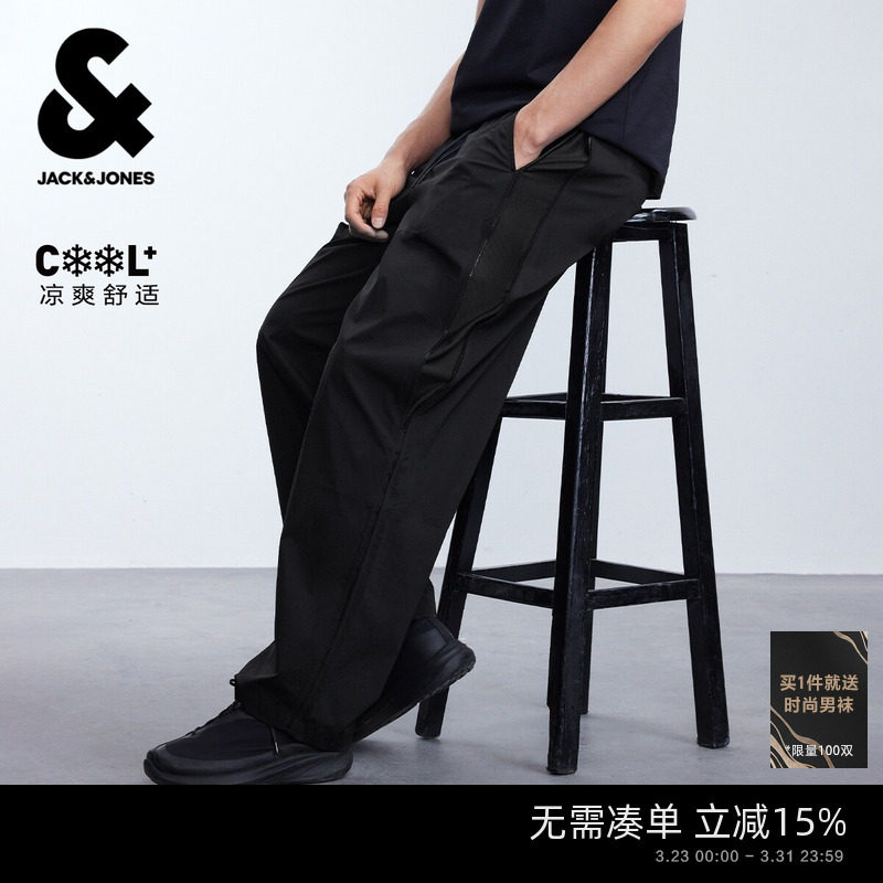 [凉感透气空调裤]杰克琼斯男装新款春夏季休闲裤长裤子宽松黑色