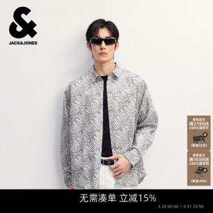 配色满印图案宽松尖领贴袋长袖 杰克琼斯男装 黑白经典 衬衫 上衣 春季