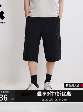 杰克琼斯男装夏季新款休闲宽松阔腿工装短裤六分大口袋黑色男生