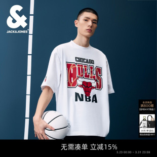 T恤男装 杰克琼斯NBA联名公牛队春季 字母胶印运动宽松纯棉短袖