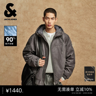 杰克琼斯男装春季羽绒服宽松抽绳连帽绒感面料设计感立体字母外套