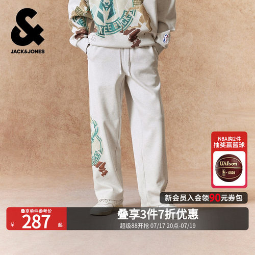 宽松版型；松紧抽绳腰头；单侧雄鹿队印花