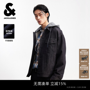 休闲宽松假两件针织连帽上衣男装 杰克琼斯原色牛仔夹克男春季 新款