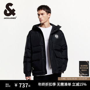 杰克琼斯秋冬百搭潮抽绳连帽立领胸前胶印松紧弹力袖 口羽绒服男装