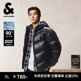 冬纯黑色高蓬松亮光短款 杰克琼斯男装 连帽羽绒服外套 机能冰壳