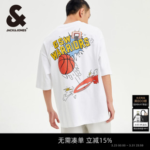 春夏勇士队肌理印花短袖 杰克琼斯男装 T恤宽松刺绣打底衫 NBA联名