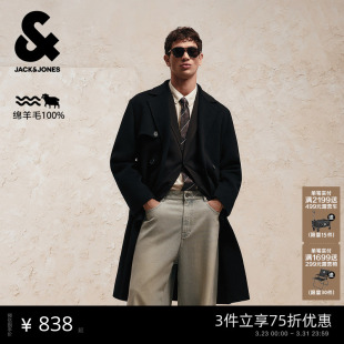 杰克琼斯男装 外套 毛呢大衣质感羊髦纯羊毛双排扣柴斯特大衣长款