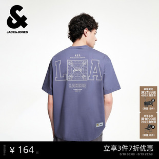 杰克琼斯男装秋季T恤NBA联名湖人队潮流百搭运动字母宽松短袖
