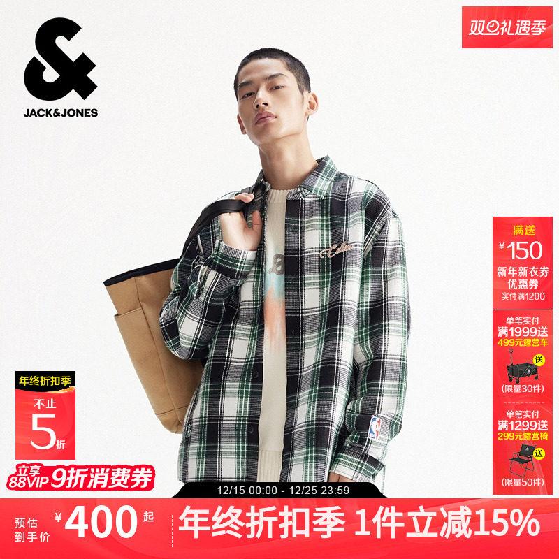 杰克琼斯NBA联名波士顿凯尔特人队男装衬衫冬季款小格纹翻领上衣