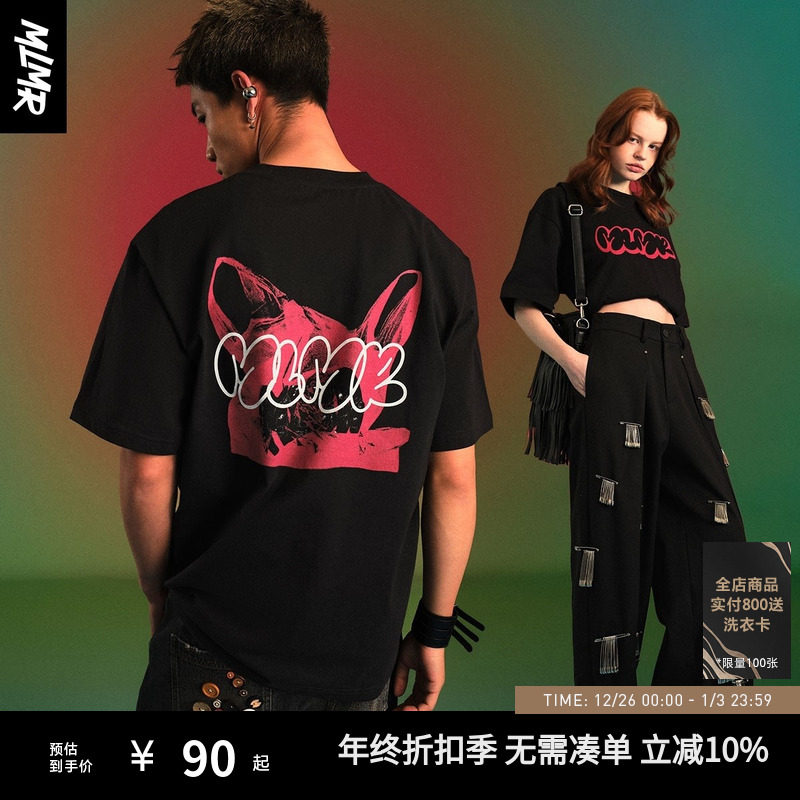 MLMR2025年秋季宽松时尚潮流印花短袖圆领T恤衫纯棉舒适情侣