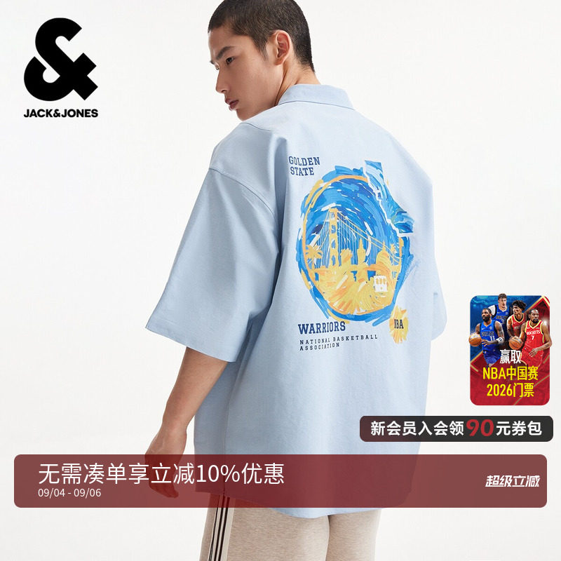 【NBA联名勇士队】杰克琼斯男装衬衫翻领短袖T恤纯棉潮226304001图片