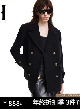 SEASON HIGH秋冬舒适百搭时尚出街简约潮流黑色毛呢大衣外套女装