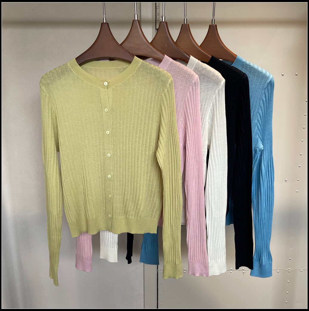 欧洲站女装2026春季新款糖果色坑条针织开衫圆领显瘦百搭外套