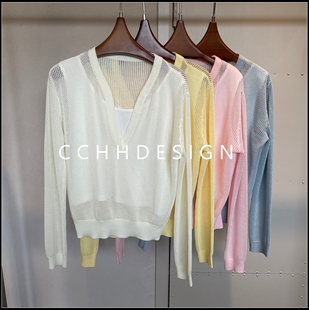 欧洲站女装2026春季新款V领镂空针织衫假两件套头百搭休闲慵懒风