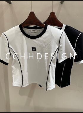 【询价私客服】夏季新款撞色线迹短袖T恤女修身百搭休闲运动上衣