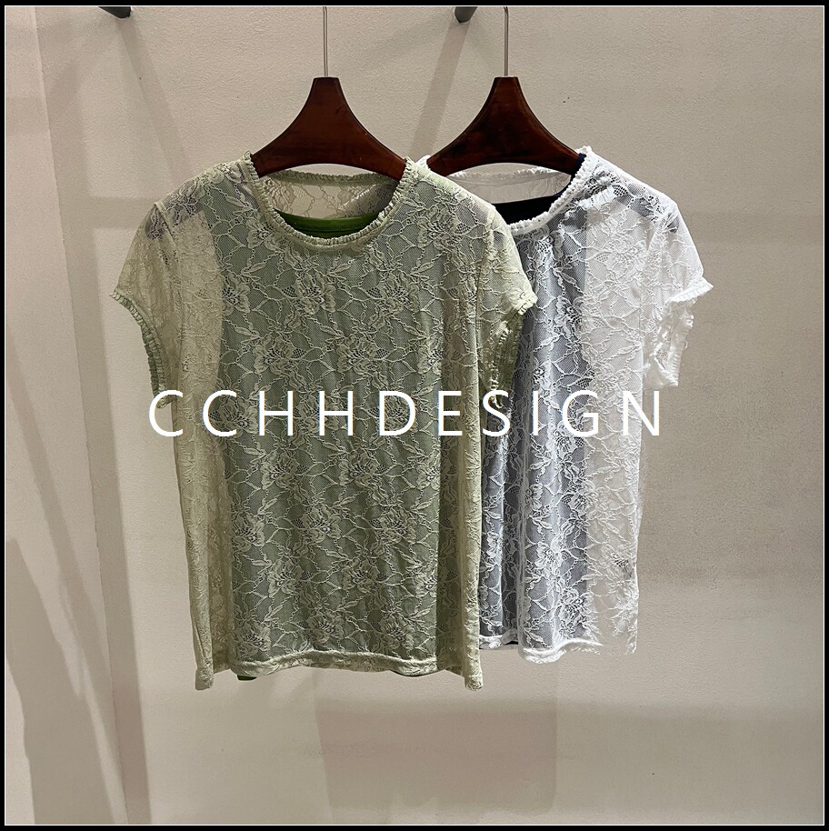 欧洲站女装2026夏季新款极简风蕾丝短袖T恤女百搭透视上衣