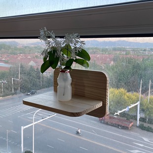 日式松木阳台置物架吸盘固定无痕吸盘花架窗户吸盘猫爬架多肉花架