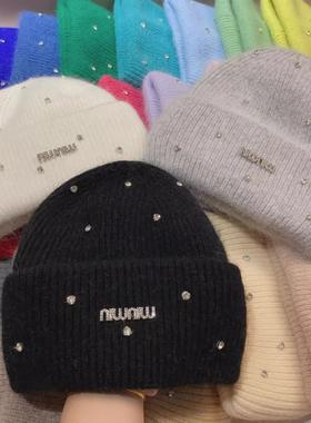 冬季水钻min标针织帽时尚韩版保暖兔毛护耳帽显脸小双折边毛线帽